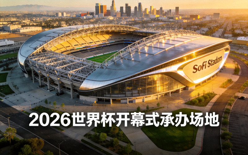 美国洛杉矶SoFi体育场外部宏伟建筑全景，将承办2026世界杯开幕式